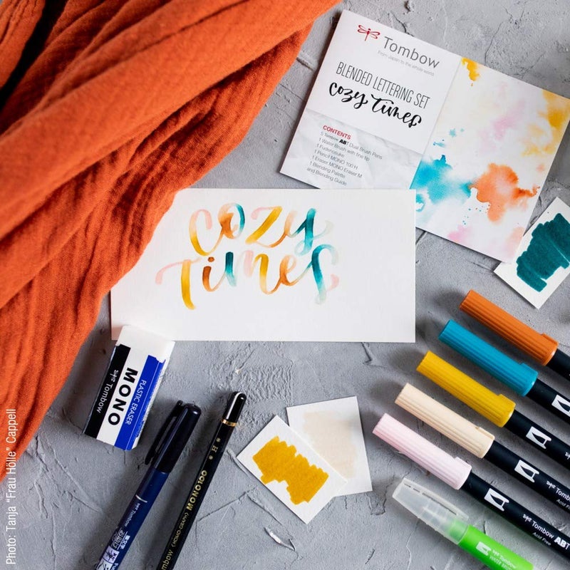 Tombow Blended Lettering Set includes 5 ABT Brush Pens, 1 Mono Pencil, 1 Mono Eraser, 1 Fudenosuke, 1 Water Brush, Blending Palette and Guide - Cosy Times, BS-FH1 - Image 3